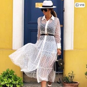 Zara Divine Ecru Polka Dot Tulle Maxi Dress Size XS blogger viral dress